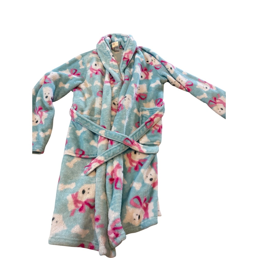 Girls Light Blue Puppy Dog Print Fleece Plush Robe Size 14/16 Warm Cozy Winter